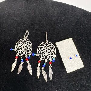 Silver Tone Dreamcatcher Earrings with Red and Blue Accents and Blue Studs